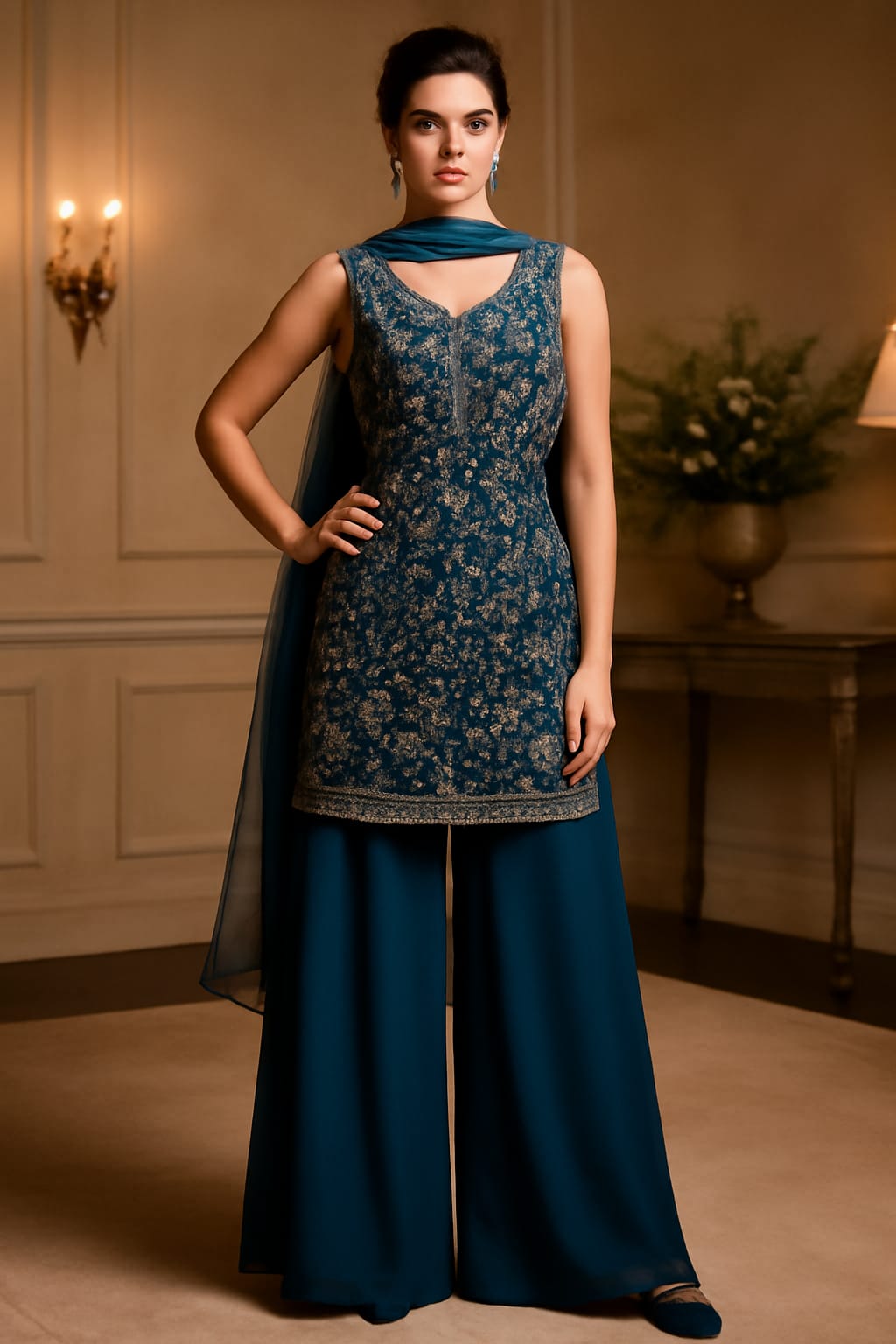 Shree Shanti Selection - Teal Blue Printed Palazzo Suit